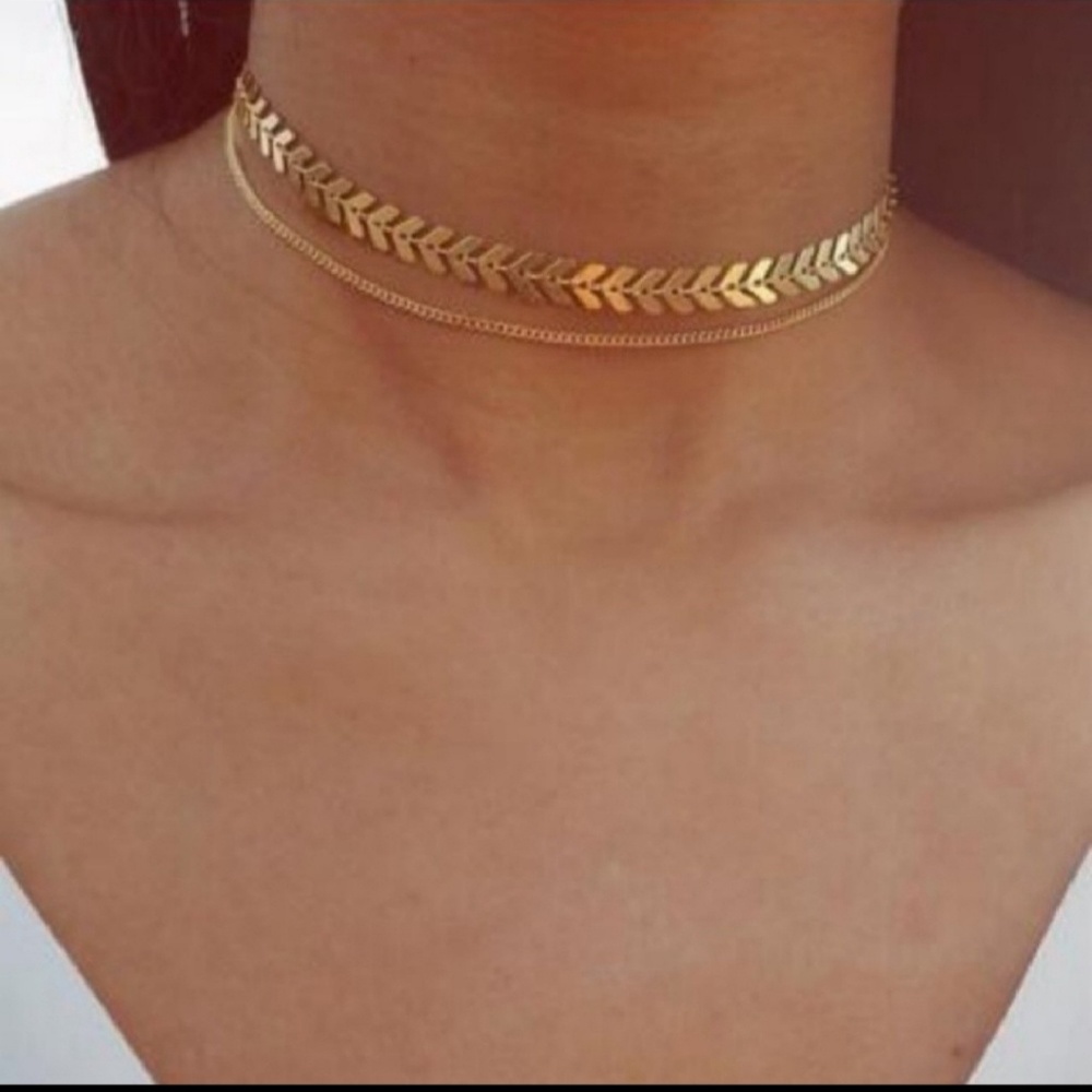 2 Layer Chevron & Chain Gold Choker